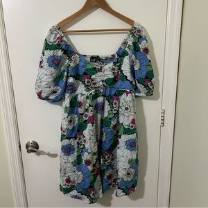 GAP | Floral Puff Sleeve Mini Dress - Blue, Green, Pink, White | Size Medium